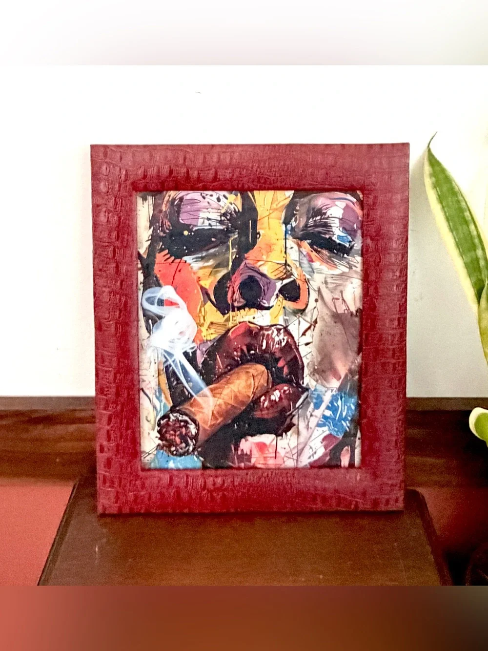 Whimsical Aura Woman Smoking Cigar Blunt Abstract Canvas Art Print Red Framed